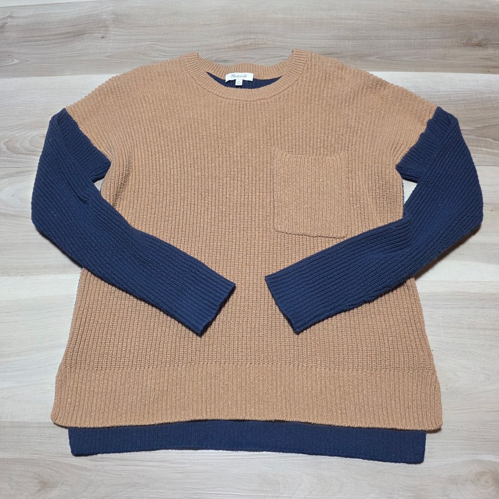 Madewell Colorblock Ribbed Sweater Womens XS Tan Navy Blue Cotton Blend Pullover